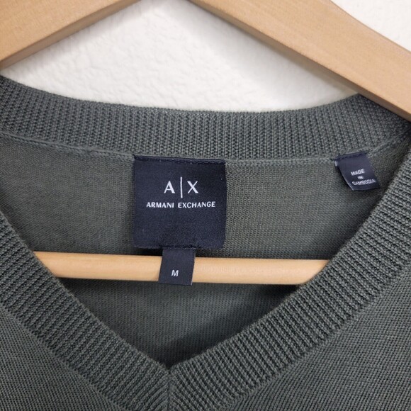 Armani Exchange Virgin Wool V-Neck Sweater Mens Med Green Preppy Lightweight - Picture 3 of 12